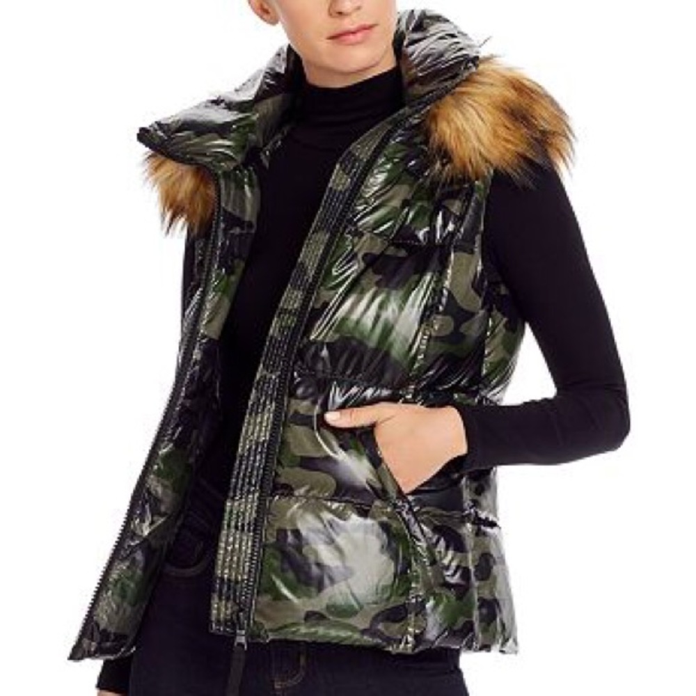Aqua Camo Puffy Vest with Faux Fur Hood
